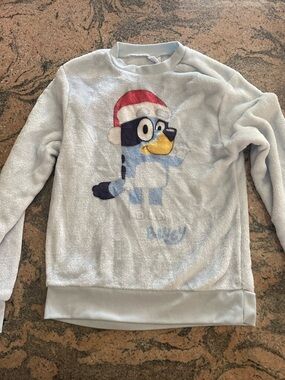 Light Blue Kids Plush Holiday Sweatshirt with Festive Puppy Graphic